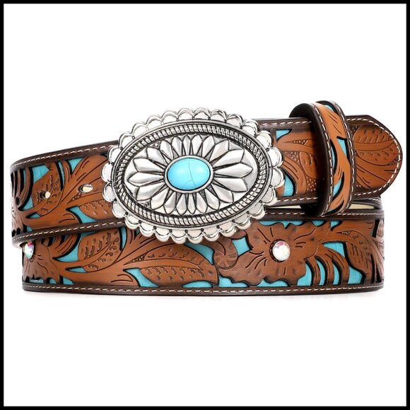 Accessories - Vintage Western Leather Belt Turquoise Concho Buckle Adjustable Boho Cowgirl